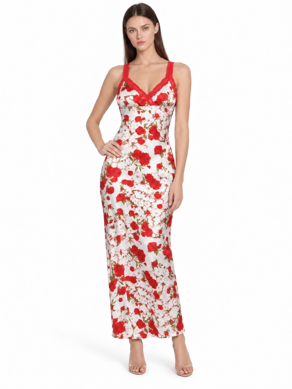 NWOT Romantic White & Red Rose Floral Lace Trim Satin Look Slip Maxi Dress S